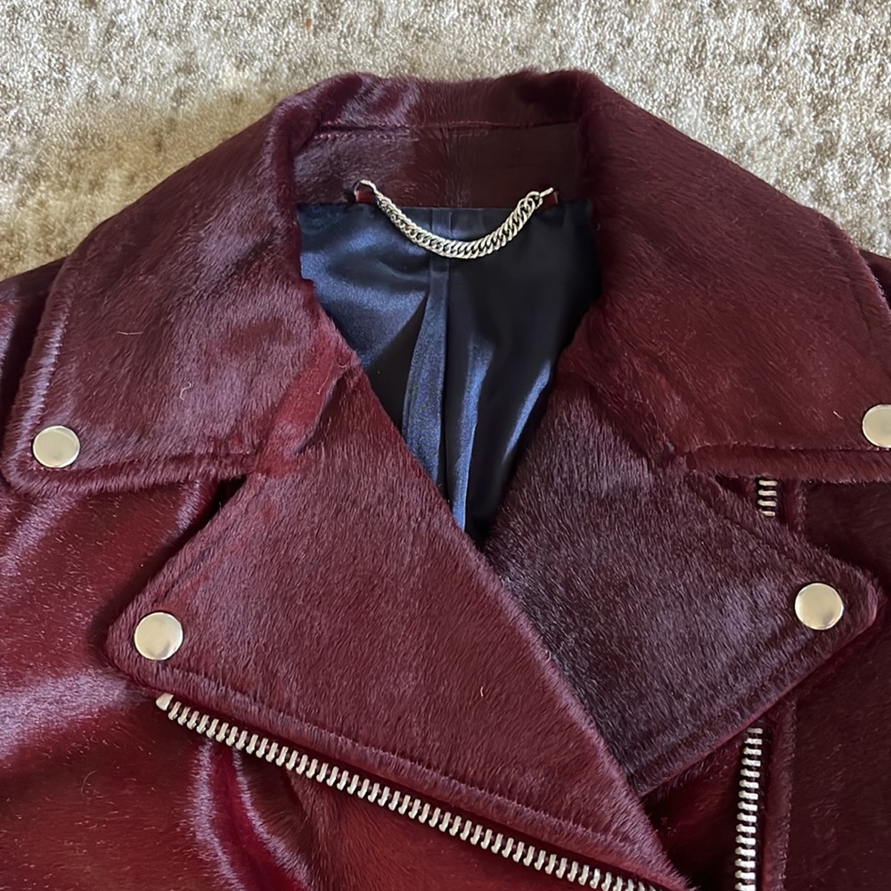 J. Crew Collection pony hair burgundy wine Moto jacket - 2 - Picture 3 of 12